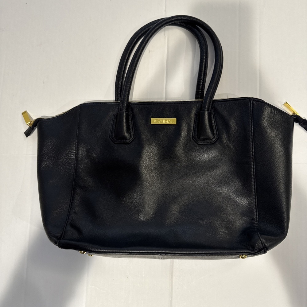 Joy & Iman Black Split Leather Large Divided Tote Laptop Handbag Gold Hardware